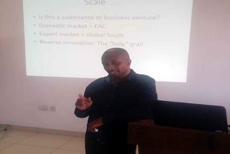 Dr. Robert Karanja, from Villgro Kenya, presenting on the topic, Examining c ritical issues and making important decision
